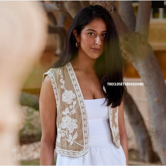 ZARA Embroidered Vest NWT | Khaki Open-Front Waistcoat Boho Chic M/L - Picture 9 of 16
